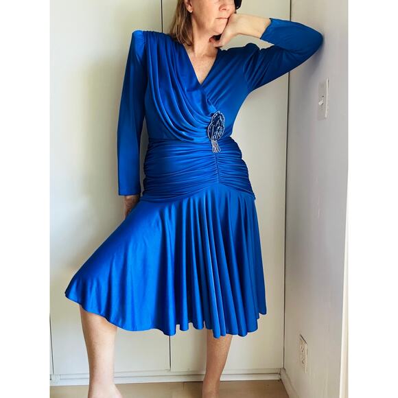 Vintage 80s Dynasty Cobalt Blue Dress Size 10 Draped Midi Length Sexy Party - Picture 4 of 12
